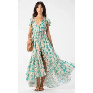 Tiare Hawaii‎ New Moon Maxi Dress Bamboo Organic OS Floral Teal